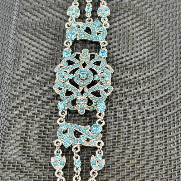 Vintage VCLM Victorian Style Silver Tone Bracelet, Blue Crystals, Faux Turquoise - Picture 3 of 9